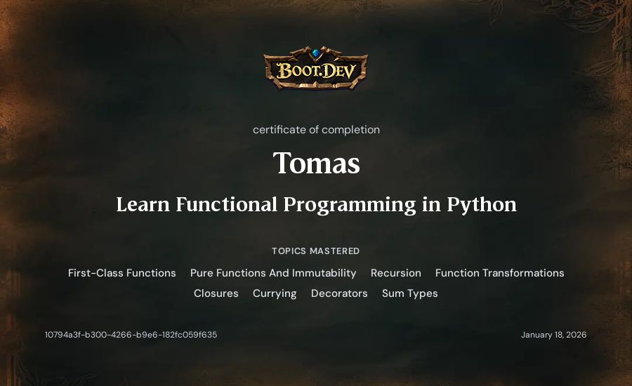 Tomas's Boot.dev Learn Functional Programming in Python certificate