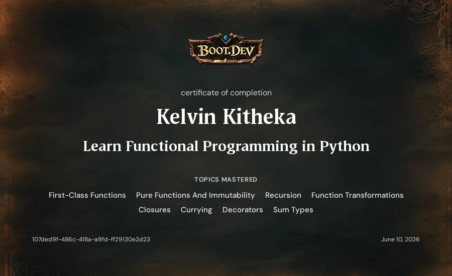 Kelvin Kitheka's Boot.dev Learn Functional Programming in Python certificate