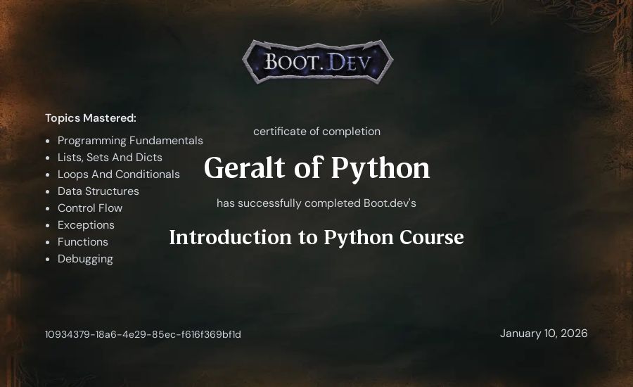 Geralt of Python's Boot.dev Introduction to Python Course certificate