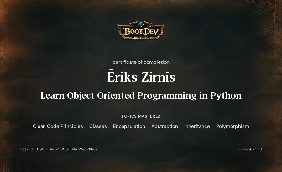Ēriks Zirnis's Boot.dev Learn Object Oriented Programming in Python certificate