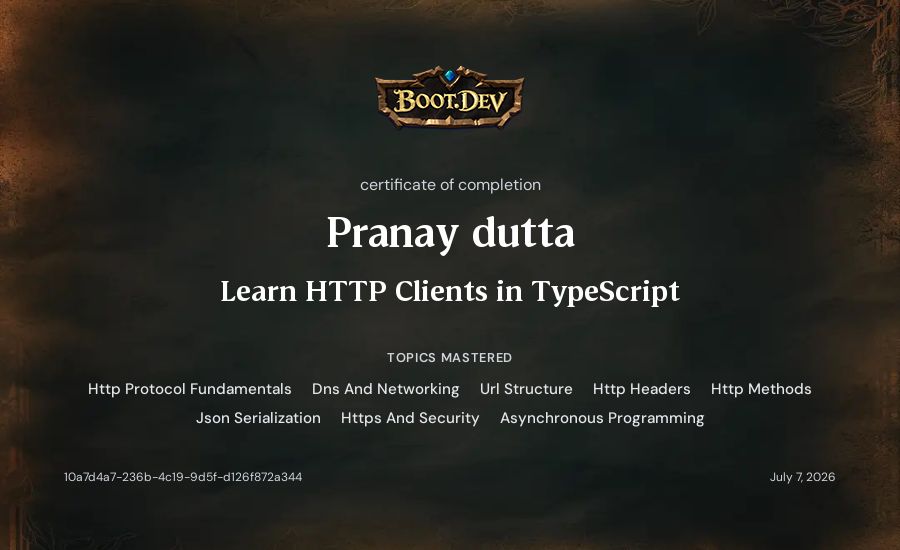 Pranay dutta's Boot.dev Learn HTTP Clients in TypeScript certificate