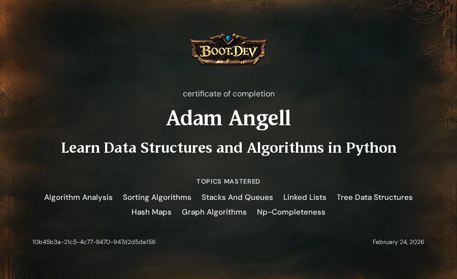 Adam Angell's Boot.dev Learn Data Structures and Algorithms in Python certificate