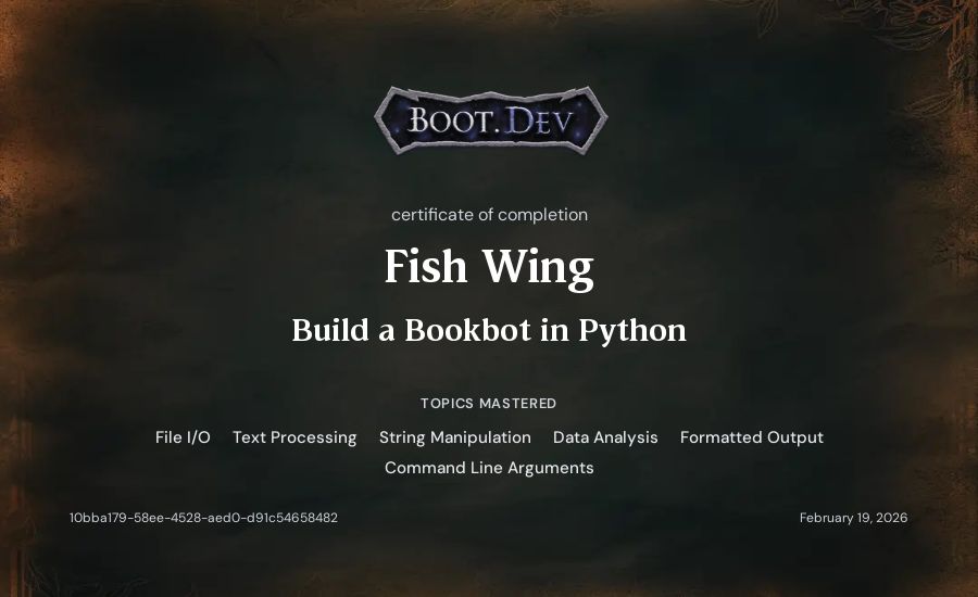 Fish Wing's Boot.dev Build a BookBot in Python certificate