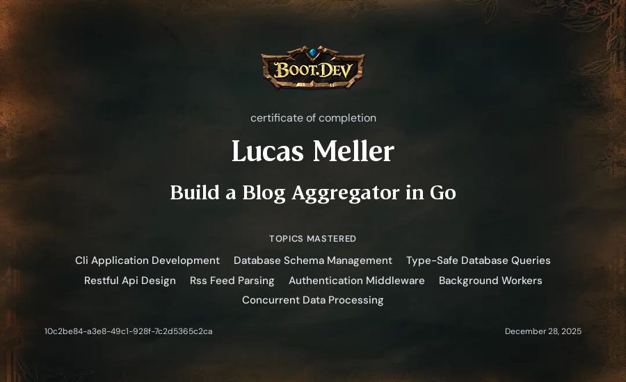 Lucas Meller's Boot.dev Build a Blog Aggregator in Go certificate