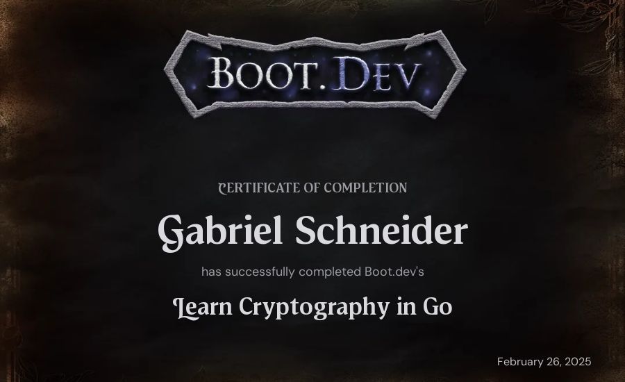 Gabriel Schneider's Boot.dev Learn Cryptography in Go certificate