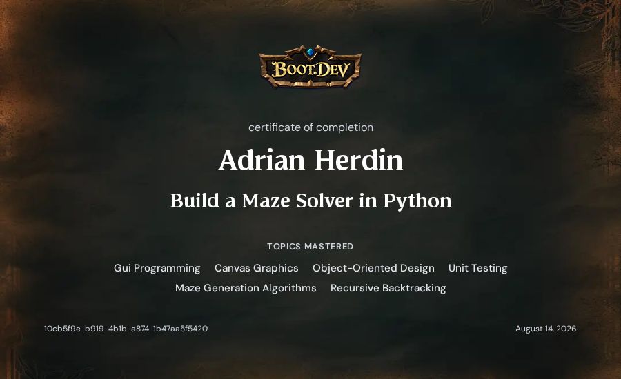 Adrian Herdin's Boot.dev Build a Maze Solver in Python certificate