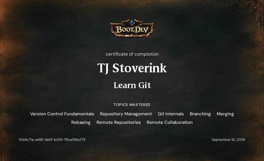 TJ Stoverink's Boot.dev Learn Git certificate