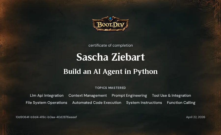 Sascha Ziebart's Boot.dev Build an AI Agent in Python certificate