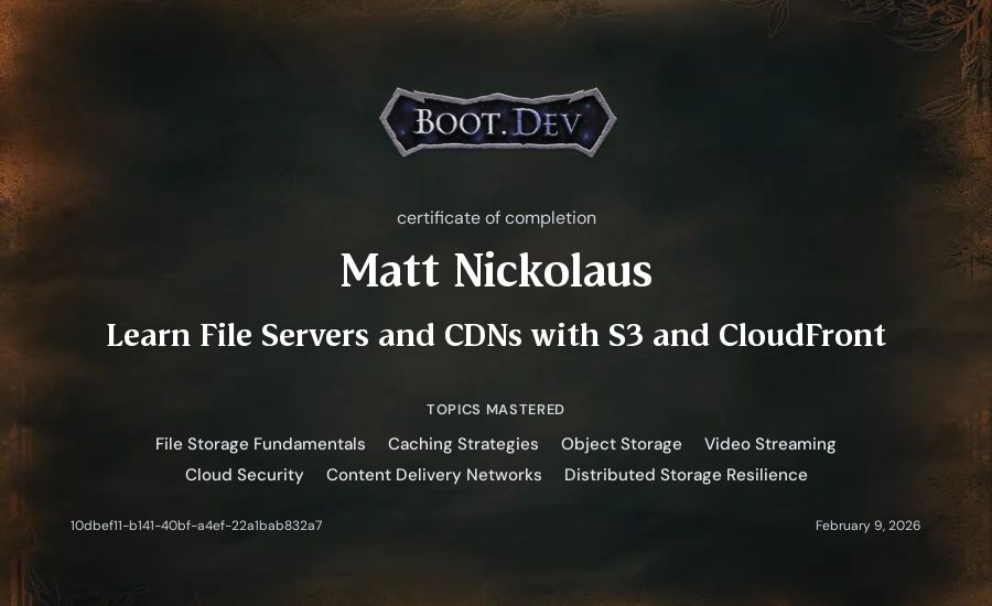 Matt Nickolaus's Boot.dev Learn File Servers and CDNs with S3 and CloudFront certificate