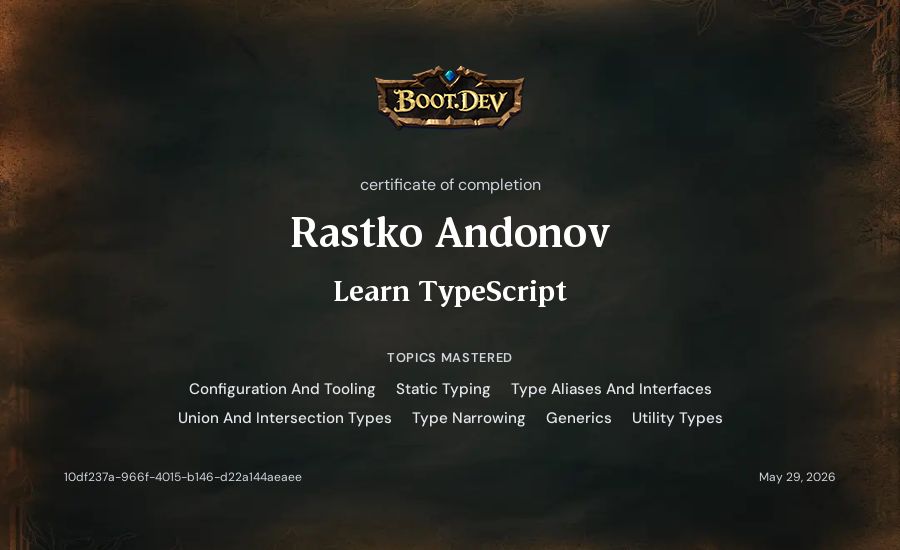 Rastko Andonov's Boot.dev Learn TypeScript certificate