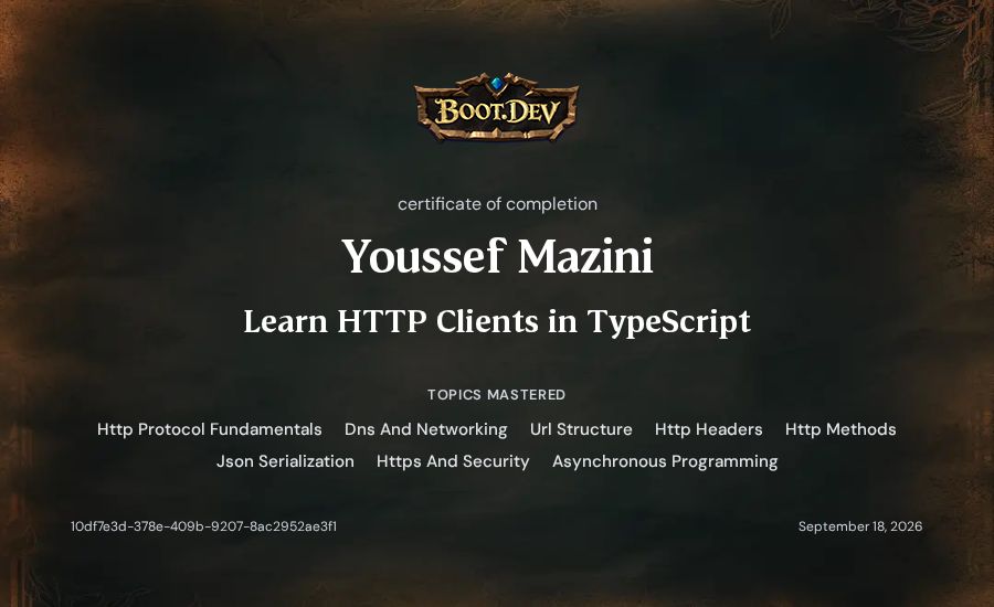 Youssef Mazini's Boot.dev Learn HTTP Clients in TypeScript certificate