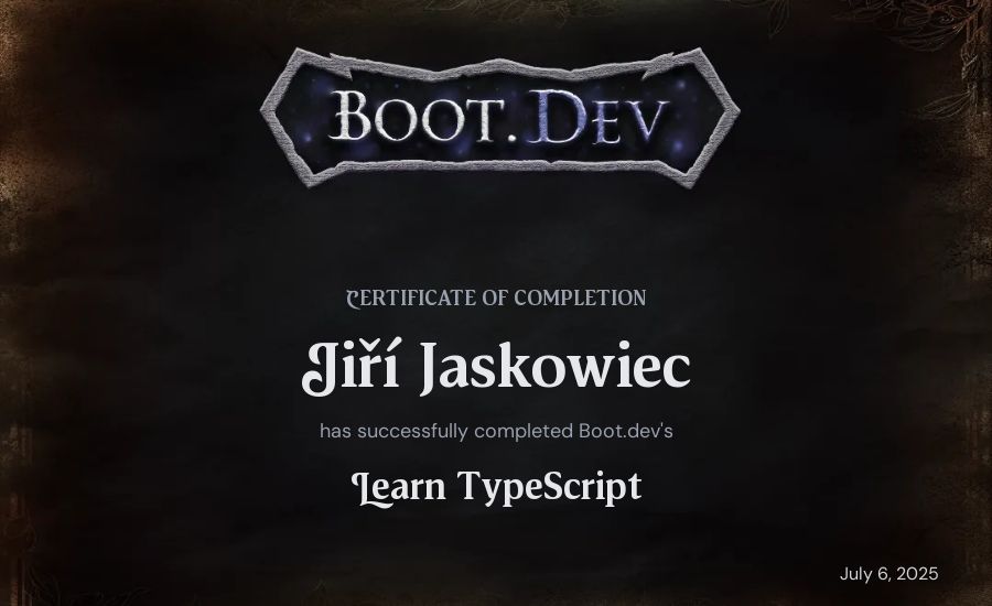 Jiří Jaskowiec's Boot.dev Learn TypeScript certificate