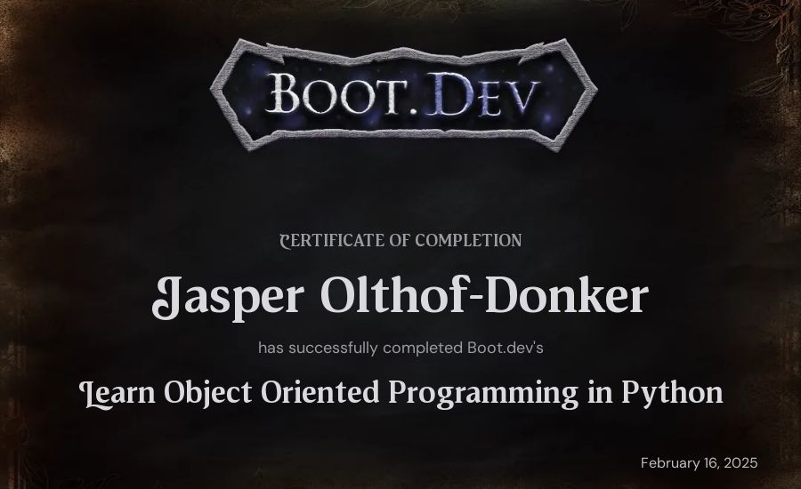 Jasper Olthof-Donker's Boot.dev Learn Object Oriented Programming in Python certificate