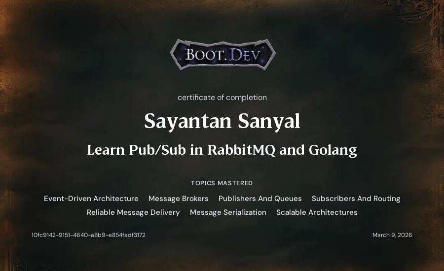 Sayantan Sanyal's Boot.dev Learn Pub/Sub in RabbitMQ and Go certificate
