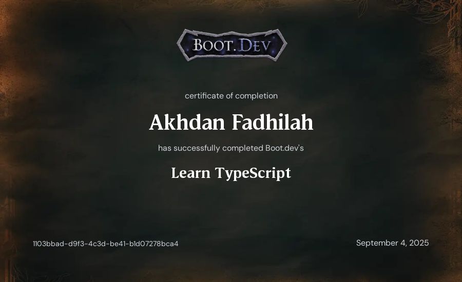 Akhdan Fadhilah's Boot.dev Learn TypeScript certificate