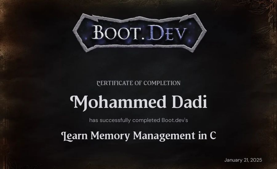 Mohammed Dadi's Boot.dev Learn Memory Management in C certificate