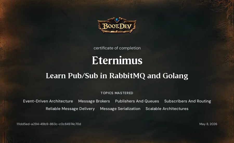 Eternimus's Boot.dev Learn Pub/Sub in RabbitMQ and Go certificate