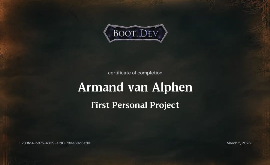 Armand van Alphen's Boot.dev First Personal Project certificate