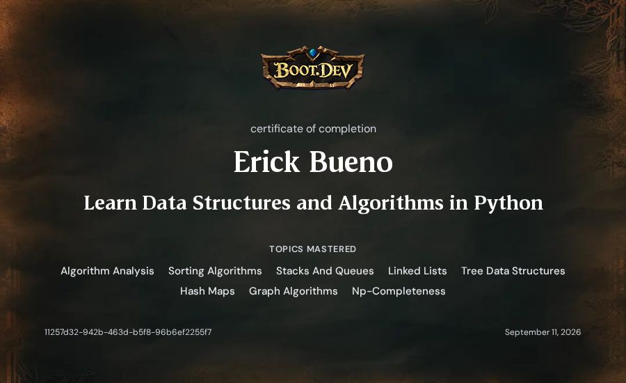 Erick Bueno's Boot.dev Learn Data Structures and Algorithms in Python certificate