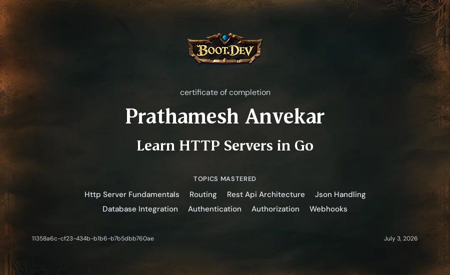 Prathamesh Anvekar's Boot.dev Learn HTTP Servers in Go certificate