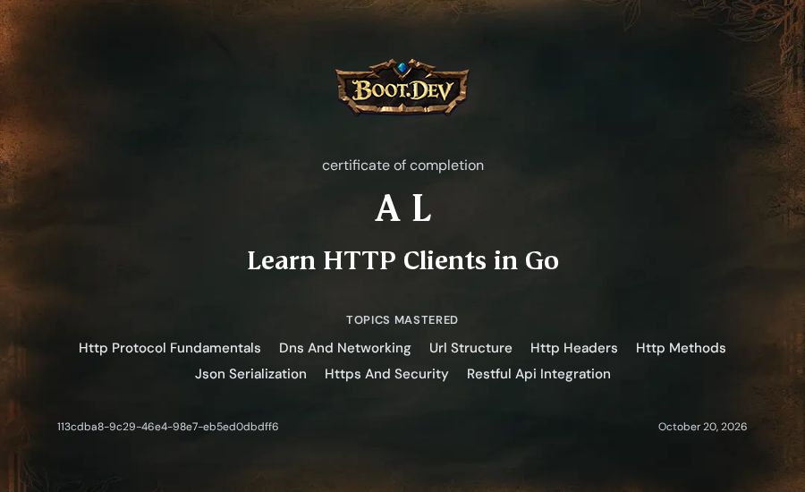 A L's Boot.dev Learn HTTP Clients in Go certificate