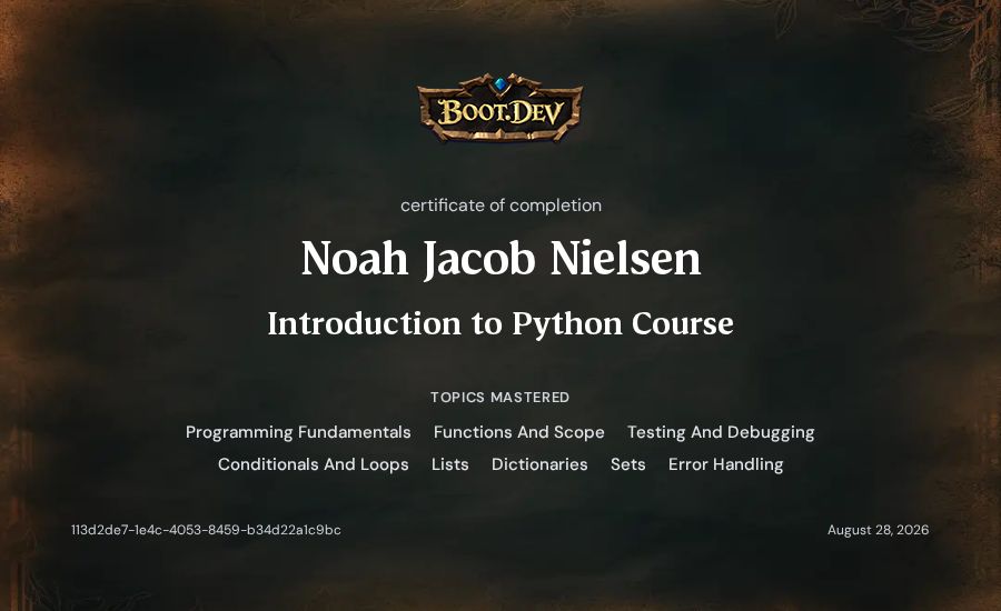 Noah Jacob Nielsen's Boot.dev Introduction to Python Course certificate