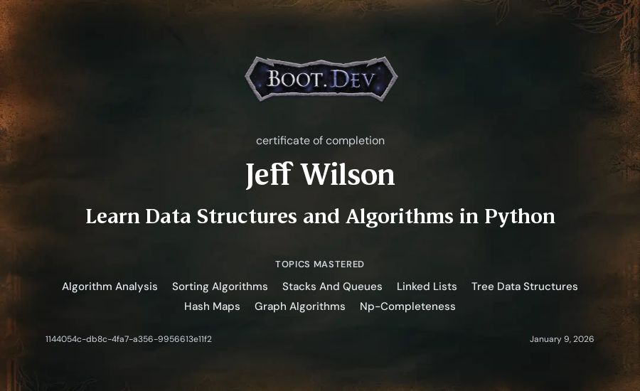 Jeff Wilson's Boot.dev Learn Data Structures and Algorithms in Python certificate