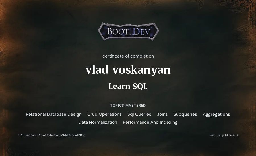 vlad voskanyan's Boot.dev Learn SQL certificate