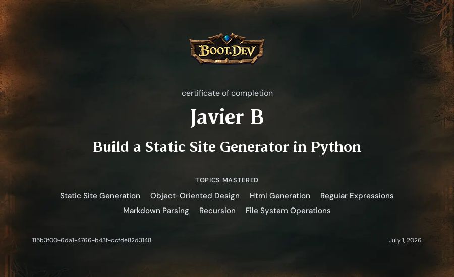 Javier B's Boot.dev Build a Static Site Generator in Python certificate