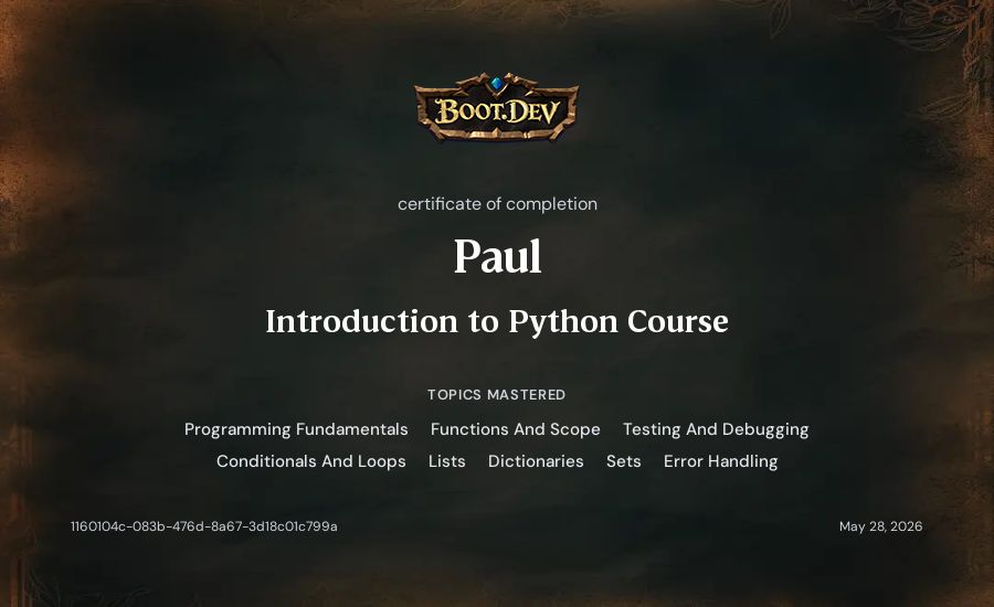 Paul's Boot.dev Introduction to Python Course certificate