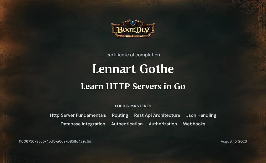 Lennart Gothe's Boot.dev Learn HTTP Servers in Go certificate