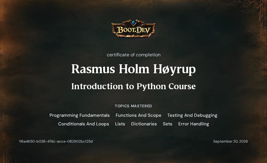 Rasmus Holm Høyrup's Boot.dev Introduction to Python Course certificate