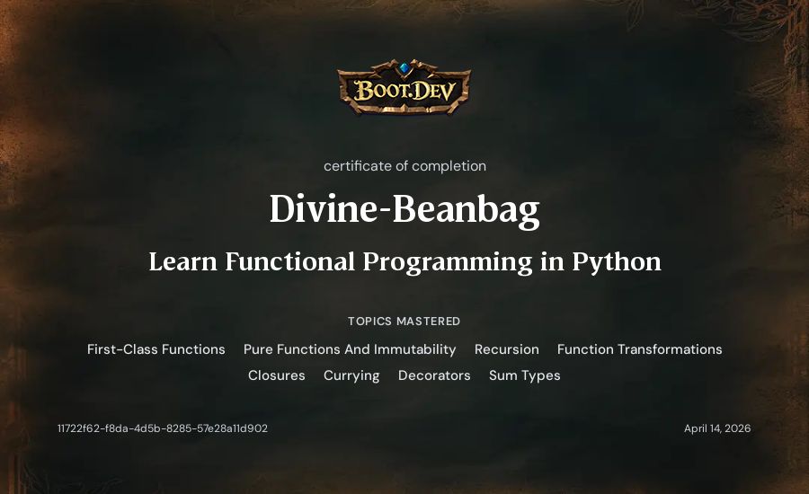 Divine-Beanbag's Boot.dev Learn Functional Programming in Python certificate