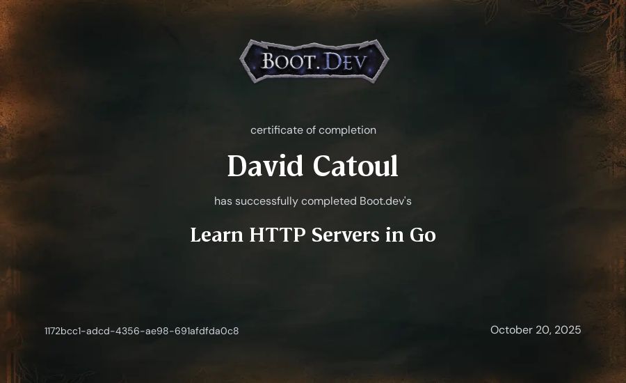 David Catoul's Boot.dev Learn HTTP Servers in Go certificate