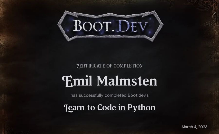 Emil Malmsten's Boot.dev Introduction to Python Course certificate