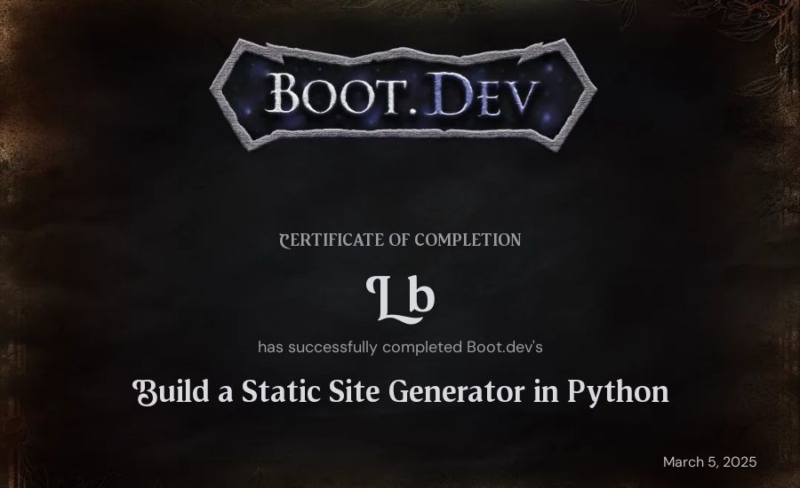 Lior Bloch's Boot.dev Build a Static Site Generator in Python certificate