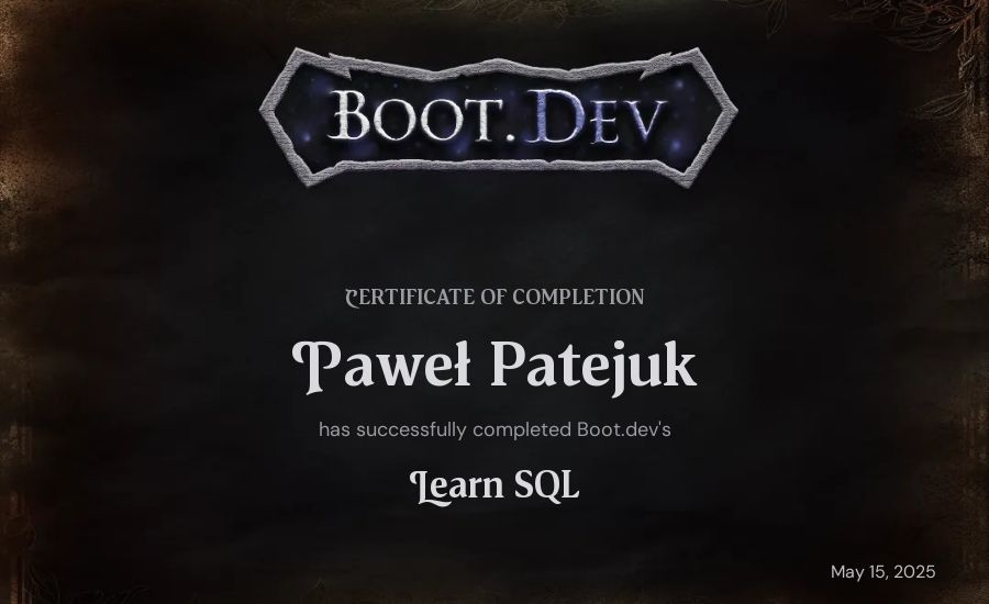 Paweł Patejuk's Boot.dev Learn SQL certificate