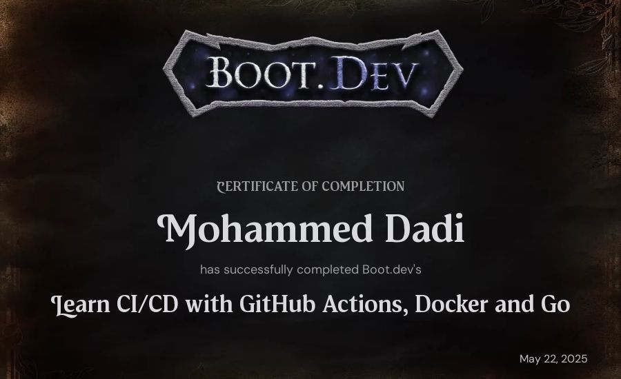 Mohammed Dadi's Boot.dev Learn CI/CD with GitHub Actions, Docker and Go certificate
