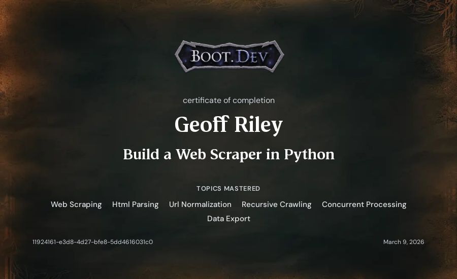 Geoff Riley's Boot.dev Build a Web Scraper in Python certificate