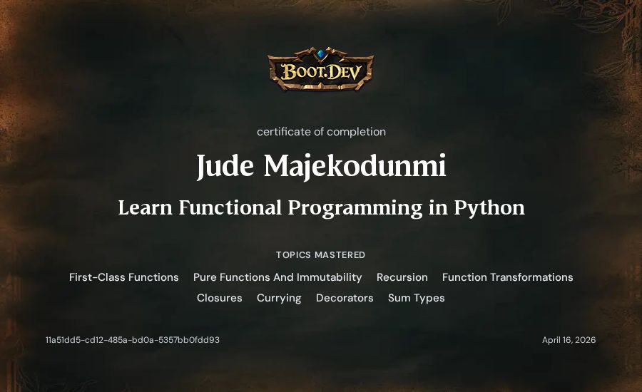 Jude Majekodunmi's Boot.dev Learn Functional Programming in Python certificate