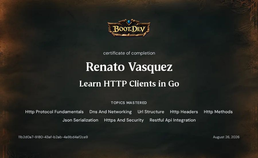 Renato Vasquez's Boot.dev Learn HTTP Clients in Go certificate