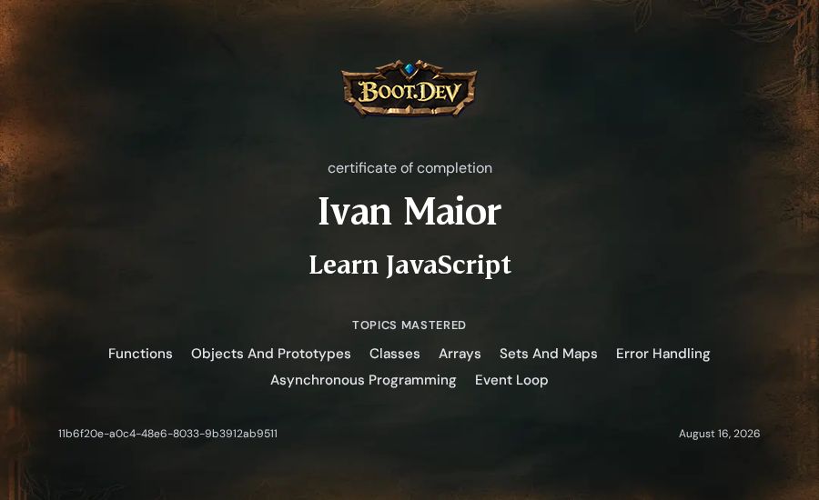 Ivan Maior's Boot.dev Learn JavaScript certificate