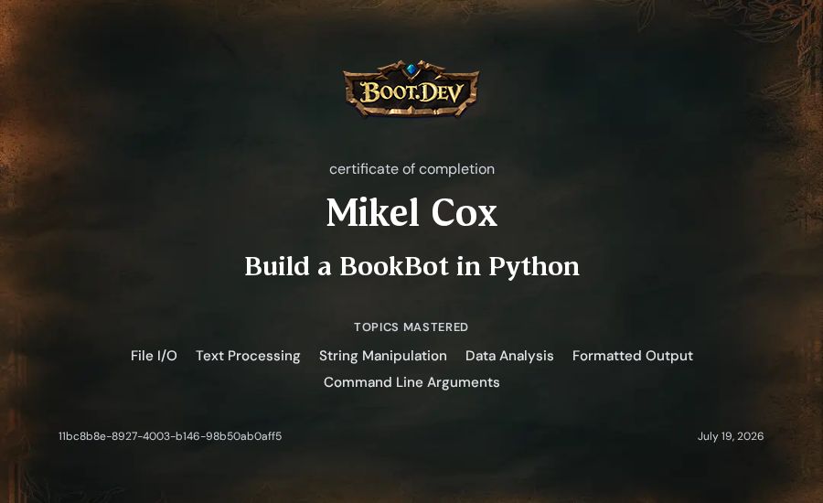 Mikel Cox's Boot.dev Build a BookBot in Python certificate