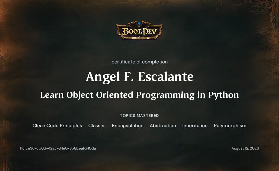Angel F. Escalante's Boot.dev Learn Object Oriented Programming in Python certificate