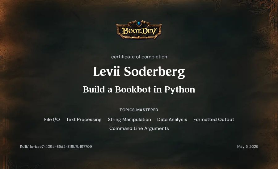 Levii Soderberg's Boot.dev Build a BookBot in Python certificate
