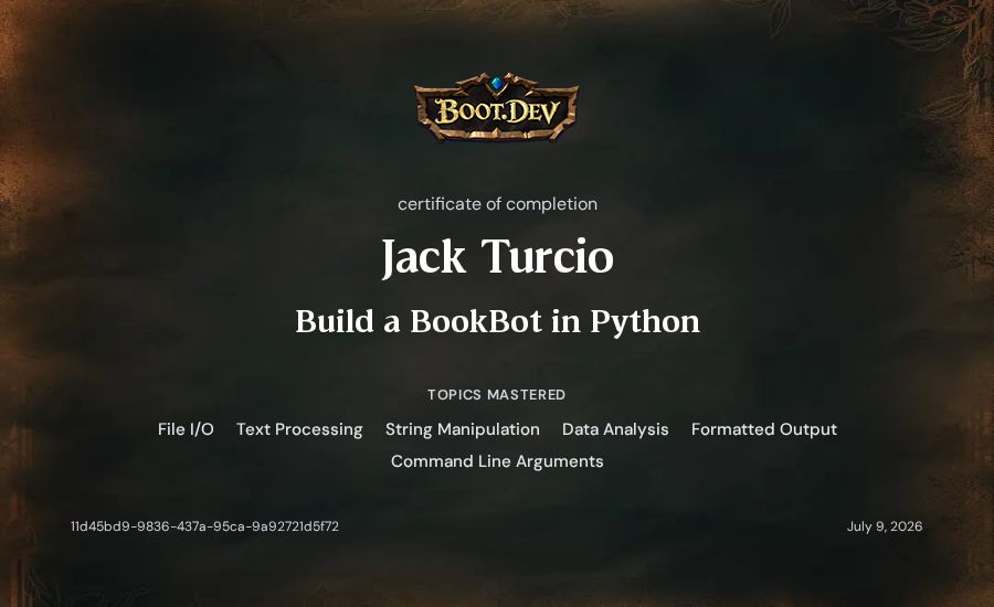 Jack Turcio's Boot.dev Build a BookBot in Python certificate