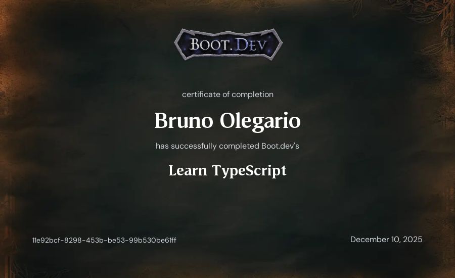 Bruno Olegario's Boot.dev Learn TypeScript certificate