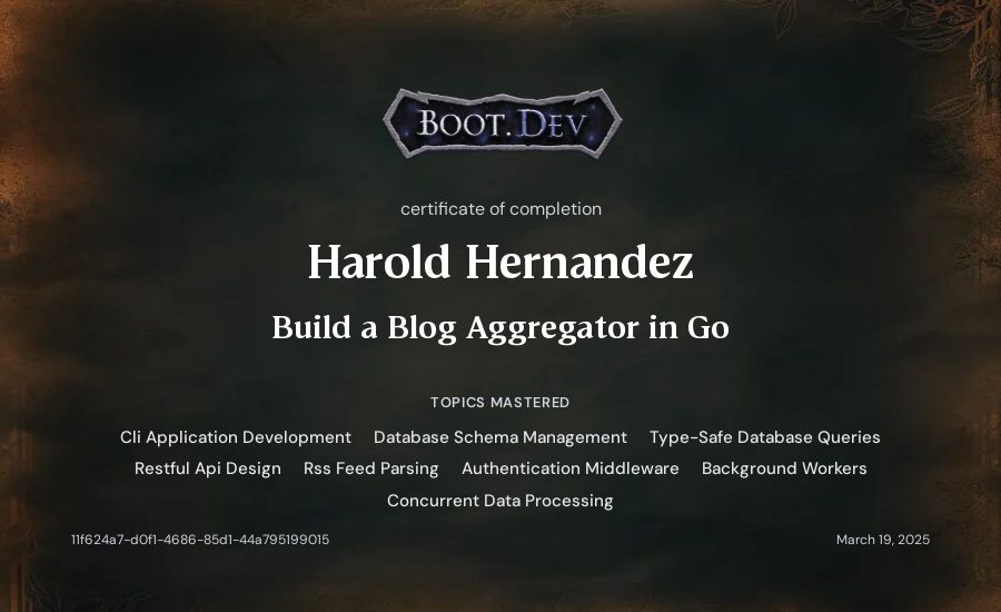 Harold Hernandez's Boot.dev Build a Blog Aggregator in Go certificate