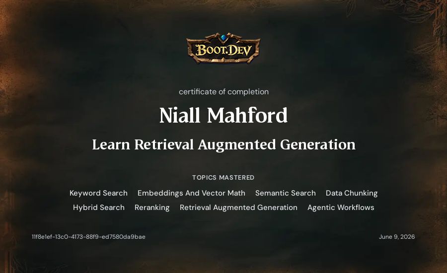 Niall Mahford's Boot.dev Learn Retrieval Augmented Generation certificate