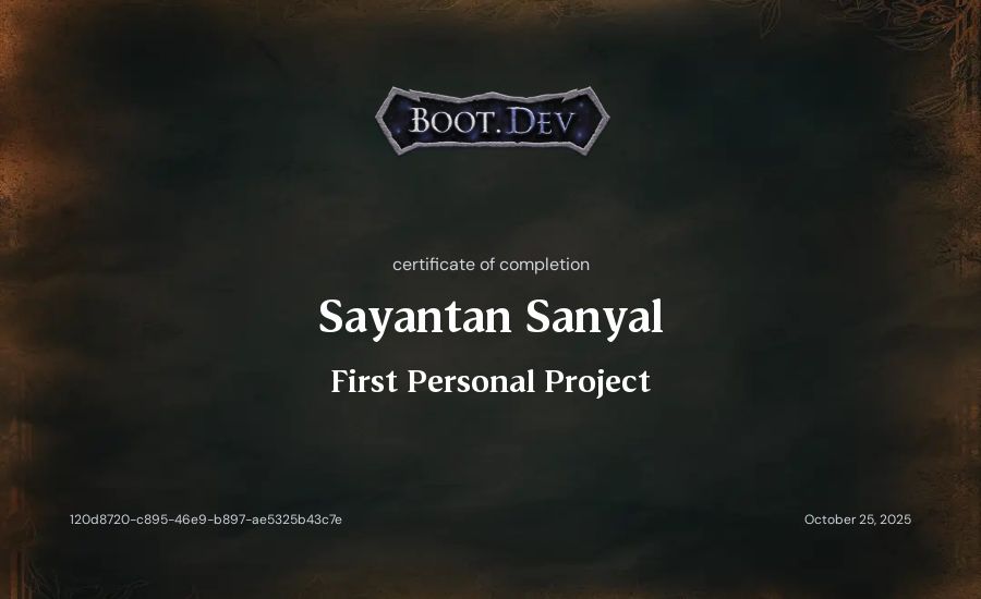Sayantan Sanyal's Boot.dev First Personal Project certificate